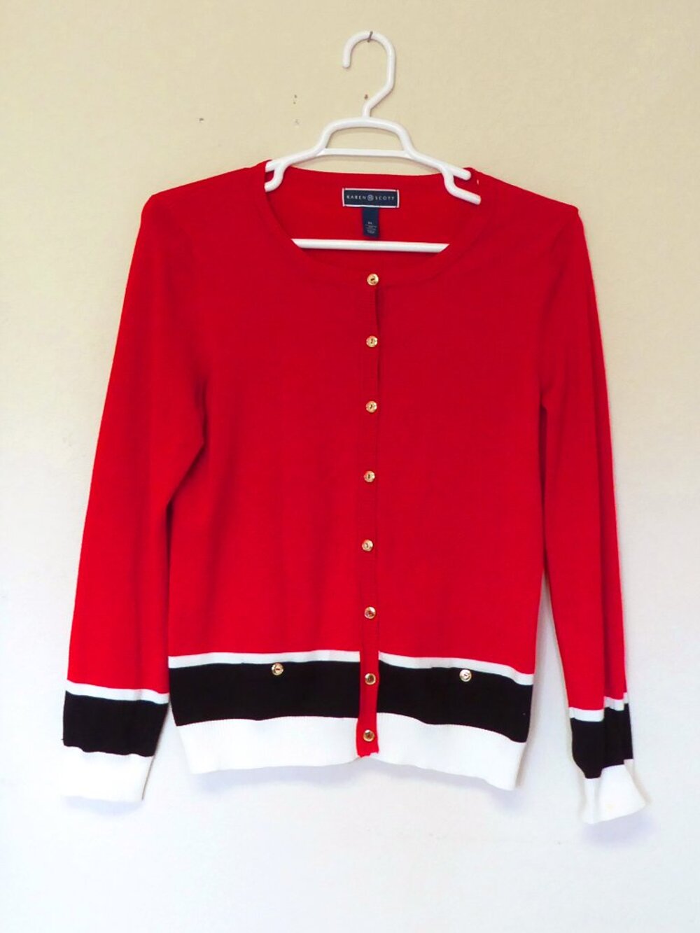 Karen Scott red black white gold button thin knit cardigan women's size XL